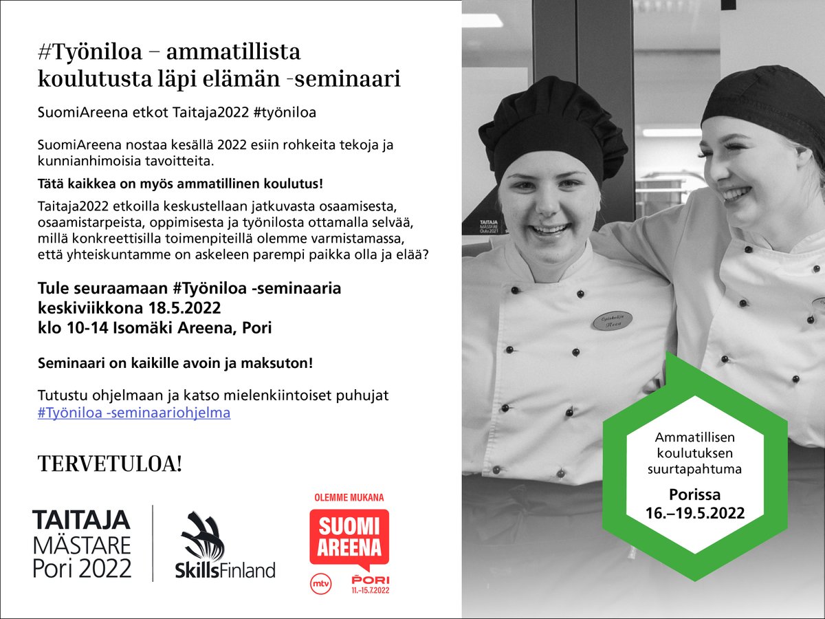 TaitajaSM's tweet photo. Yksi vuoden kiinnostavin keskustelu ammatillisesta koulutuksesta käydään mielenkiintoisten puhujien voimin  #Työniloa – ammatillista koulutusta läpi elämän -seminaarissa. Tilaisuus on kaikille avoin ja maksuton, tervetuloa mukaan!💚💙
#taitaja2022 #ammatillinenkoulutus https://t.co/NlOHWeRf0t