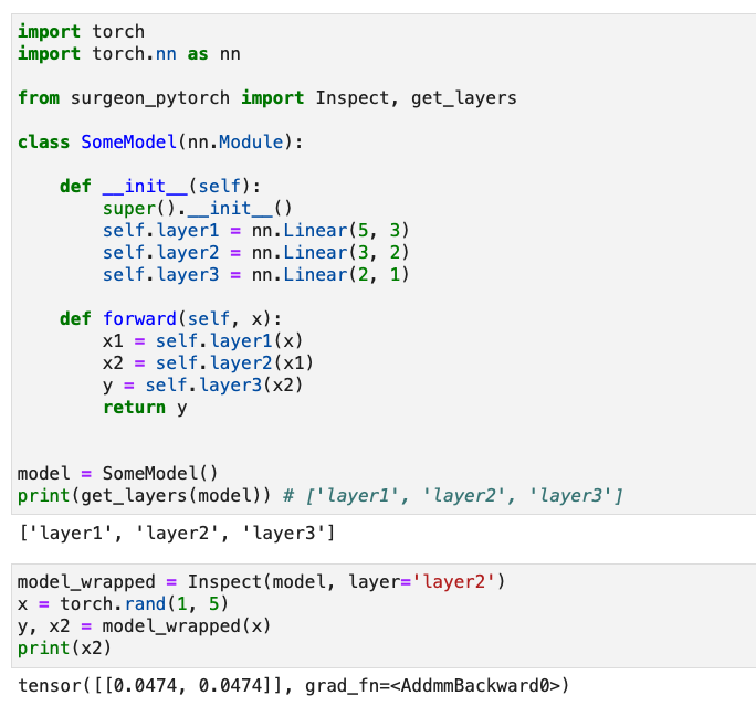 Tired of adding forward hooks or print statements to look into intermediate layer outputs of your PyTorch models? Surgeon-pytorch (github.com/archinetai/sur…) allows you to inspect the intermediate output layers of PyTorch models without changing the original implementation.