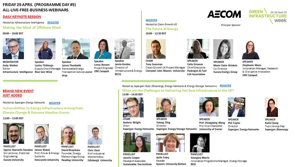 DAY #5 AGENDA - FRIDAY - LAST DAY #GreenInfrastructureWeek sponsored by <a href="/AECOM/">AECOM</a> 

4 free/live webinars featuring 21 remarkable experts from academia, government and industry <a href="/infra_intel/">Infrastructure Intelligence</a> @cleangrowth_uk <a href="/SENHub1/">Supergen Energy Networks Hub</a> <a href="/SupergenBioHub/">Supergen Bio Hub</a> <a href="/ukenergystorage/">Supergen Energy Storage Network+</a> 

REGISTER rb.gy/fn4vm9