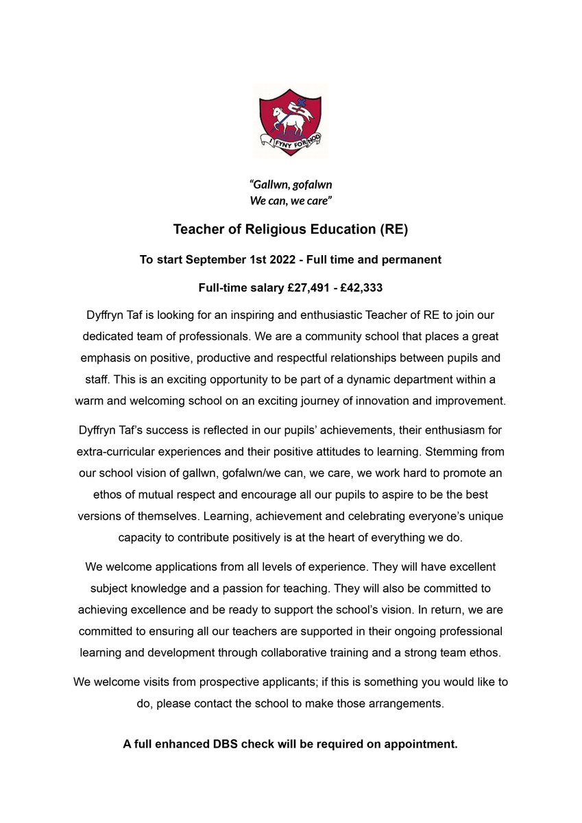 Dyffryntaf's tweet photo. Vacancy - Teacher of Religious Education (RE).
For full details and to apply visit:
https://t.co/QXIEezcdFO https://t.co/IGKkqD3TZ4
