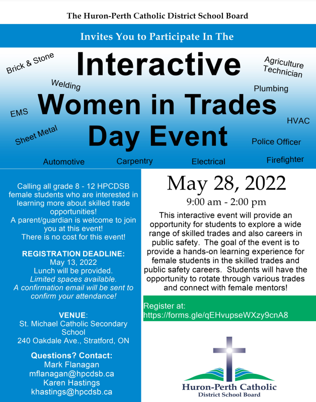 Huron-Perth CDSB (@hpcdsb) on Twitter photo Mark this in your calendar🗓️!!1⃣month from today, <a href="/StMikesCSS/">St. Michael C.S.S.</a> is hosting an interactive Women in Trades Day Event on Saturday, May 28, 2022, from 9a.m. to 2p.m. No registration fee + free lunch! Register to secure your spot now by filling out this form: t.ly/QSDF. Mark this in your calendar🗓️!!1⃣month from today, <a href="/StMikesCSS/">St. Michael C.S.S.</a> is hosting an interactive Women in Trades Day Event on Saturday, May 28, 2022, from 9a.m. to 2p.m. No registration fee + free lunch! Register to secure your spot now by filling out this form: t.ly/QSDF.