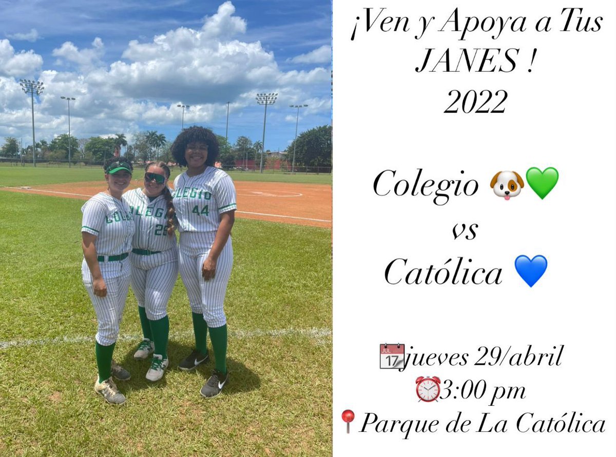 JanesSoftball's tweet photo. 🚨Ven y apoya a tus JANES🚨 Nuestras “Rookies” los invitan a que se den cita mañana ya que continúa la acción de las nuestras comenzando desde las 3:00 pm 💚 Donde nuestras JANES 🐶🥎 visitan a la PUCPR para finalizar la temporada regular 💙🥎 ¡¡LOS ESPERAMOS!! https://t.co/WKvUfjSdrq