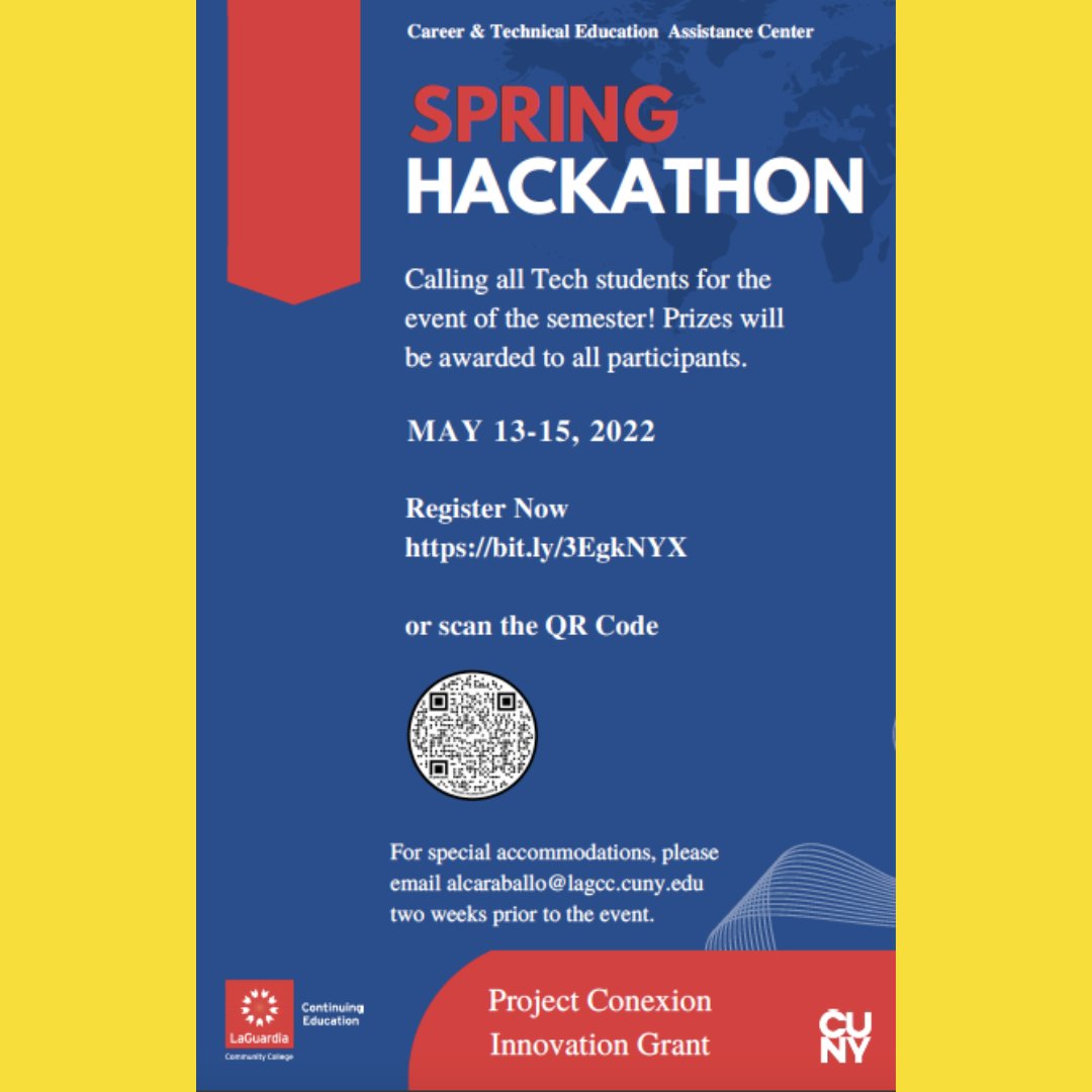 **SPRING HACKATHON**
The event of the semester is happening May 13th to 15th
Prizes awarded to ALL PARTICIPANTS
Register now @ bit.ly/3EgkNYX

#DareToDoMore