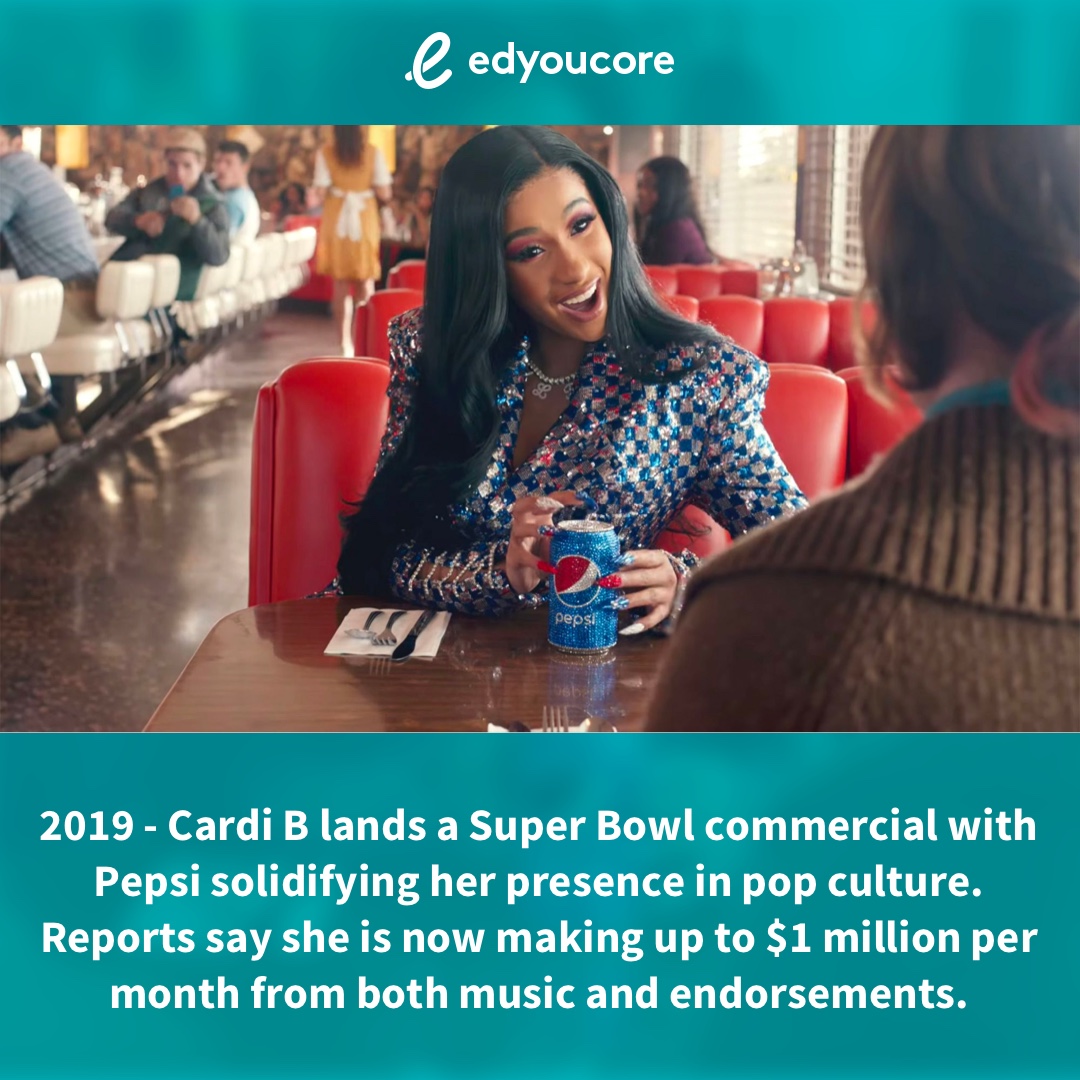 edyoucore's tweet photo. From the bottom to the top! Cardi B is a success story that’s just got to be told. 

@iamcardib is April’s Edyoucore Success Story of the Month.

#CardiTries #ReebokxCardiB #Quavo #Offset https://t.co/XFVZ7s28jY