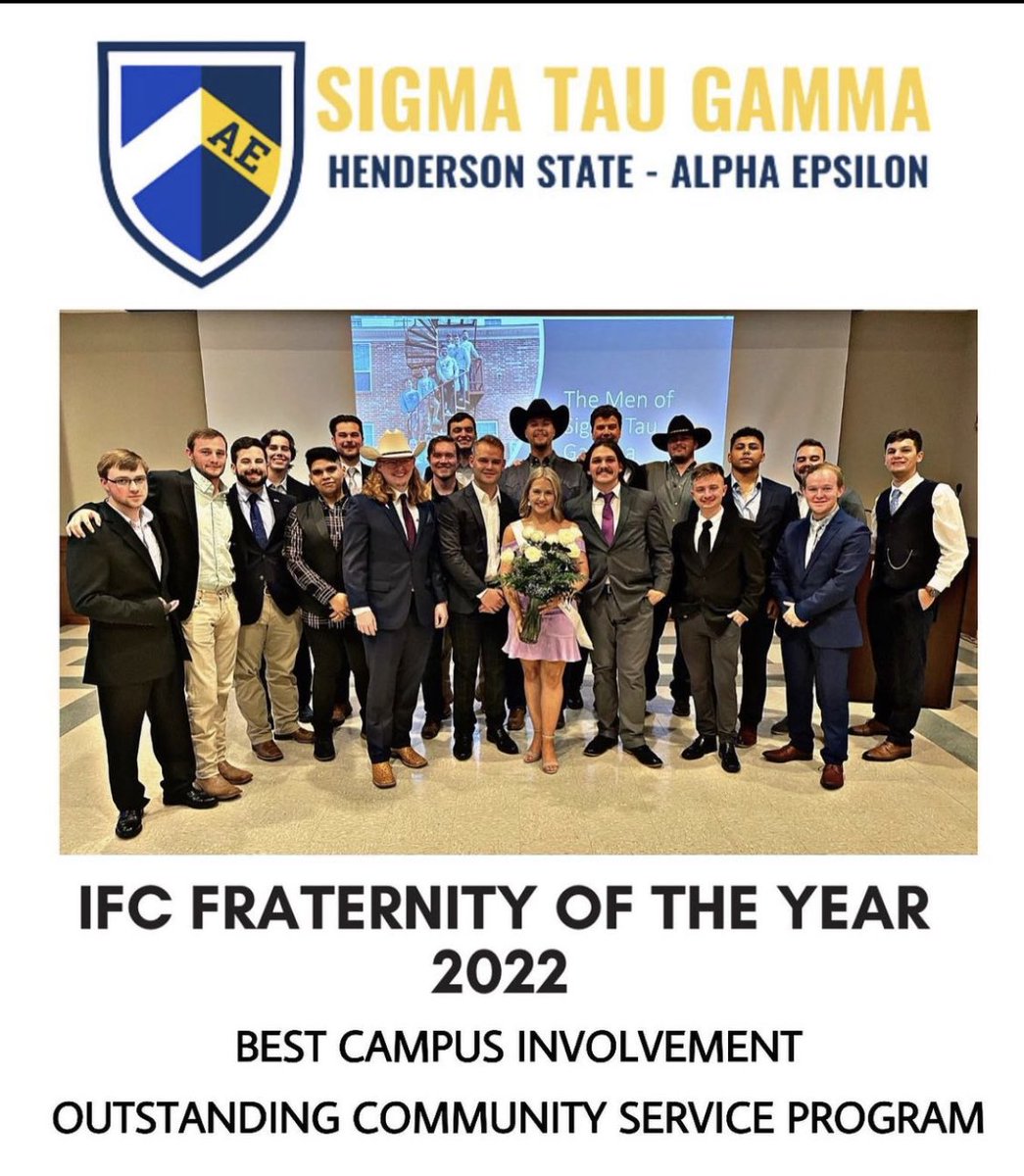 SigmaTauGamma's tweet photo. EXCELLENCE ACHIEVED
The Alpha Epsilon Chapter at Henderson State has won Fraternity of the year on campus! #SigTau #SigTauAwards https://t.co/8F0BtzpVlT