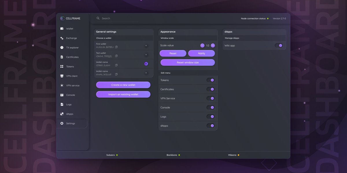 0xPlanC's tweet photo. Fully loaded #Cellframe dashboard will simply be the most advanced out there! 🚀🚀

▶️#Wallet
▶️#Node management
▶️Native #DEX integration
▶️#NFT integration
▶️Txn #explorer
▶️Access to #tdApps
▶️#VPN management
▶️Certificate management https://t.co/u3zojBjVDL