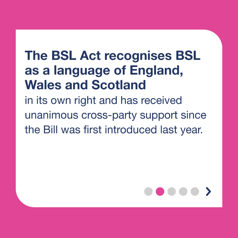 DWPgovuk's tweet photo. Today, the #BritishSignLanguage Bill has received Royal Assent and has passed into law  
 
The #BSLAct recognises BSL as a language of England, Wales and Scotland and has received unanimous cross-party support since the Bill was first introduced last year 
 
1/2