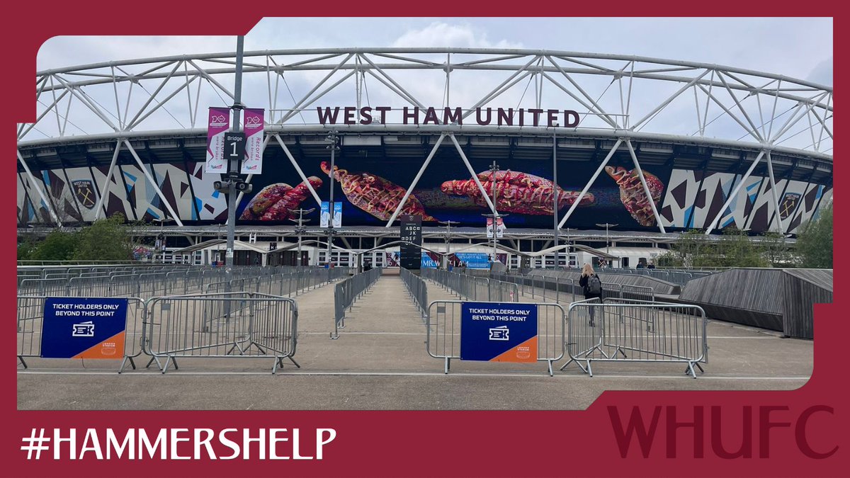 WestHamHelp's tweet photo. 🎟️| The Stadium will be completing soft ticket checks on all bridges leading to the Stadium island. Ticket office representatives will be located at the bottom of bridges 1 and 5 from 17:30 if you have any issues when entering.

#HammersHelp #UEL https://t.co/YRgKyOtRWX