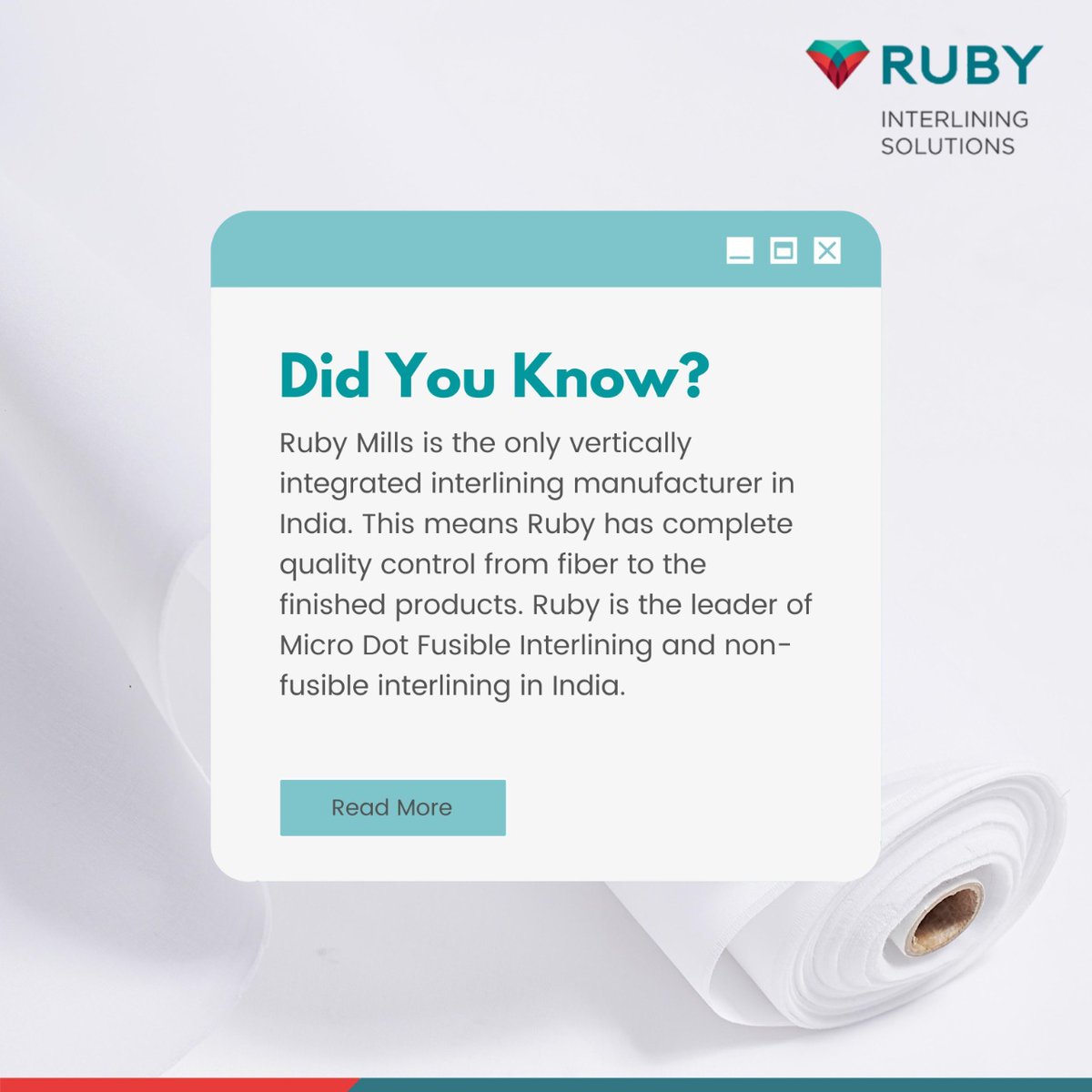 Powered by the world-class interlining technology coupled with deep application expertise, Interlining Solutions from The Ruby Mills are a range of reliable end-to-end offerings.
#RubyMills #TheRubyMills #ATouchOfRuby #ACutAbove #textilemill #textilesindia #textile #compositemill