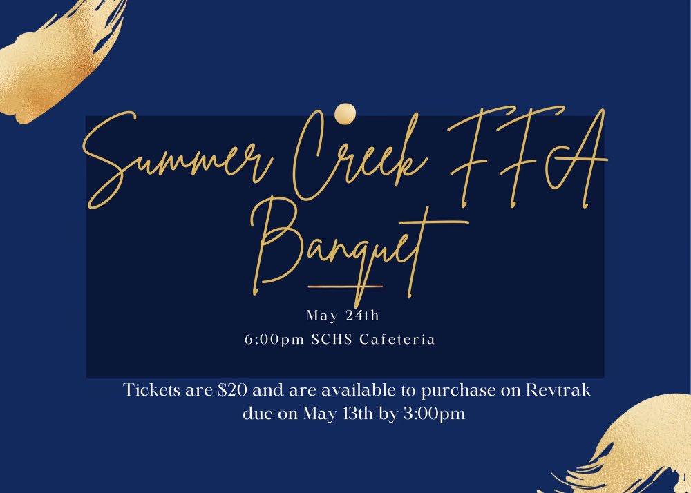 Please join us for our
annual FFA banquet. It's on May 24th starting at 6 pm. Hope to see you all there!