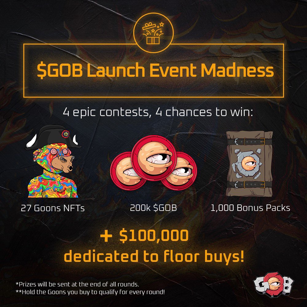 LFGoons's tweet image. Let's kick this token drop off right!🔥

Don’t hesitate though, we are restocking our prize vaults, and we're coming for that floor.🤑

The first contest starts tomorrow at 10am EST. ⏰

#GOBMadness #PushingEveryday