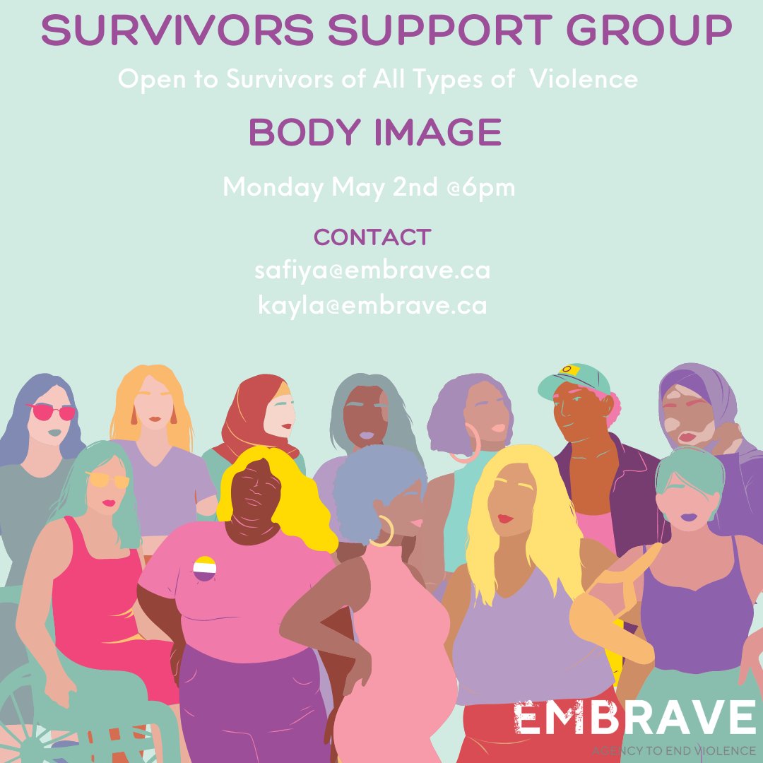 Embrave_ca's tweet photo. Monday May 2nd at 6 PM we’re hosting our 6th #OutOfIsolation Survivors’ Meet Up with: Body Image. 

We’ll explore our personal relationships with body image, societal messaging about body image, and how we can continue to develop our body image.

Email safiya@embrave.ca to join! https://t.co/C2glsDAiBv