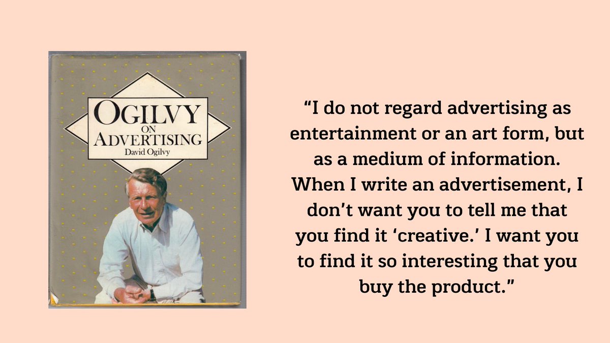 8/ Ogilvy on AdvertisingLessons:• Tell your prospective client what your weak points are, before he notices them. This will make you more credible when you boast about your strong points.•The headlines which work best are those which promise the reader a benefit.