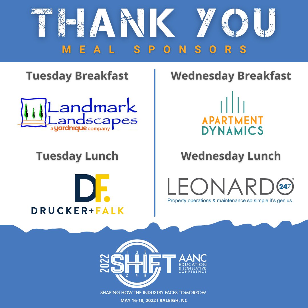 AANCOnline's tweet image. THANK YOU to our #AANC2022SHIFT Meal Sponsors: Landmark Landscapes, Drucker + Falk, Apartment Dynamics, and Leonardo247! Not yet registered? Follow this link to reserve your spot: tinyurl.com/AANC2022confer…. #AANC2022SHIFT #getSHIFTdone #SHIFThappens #ohSHIFT
