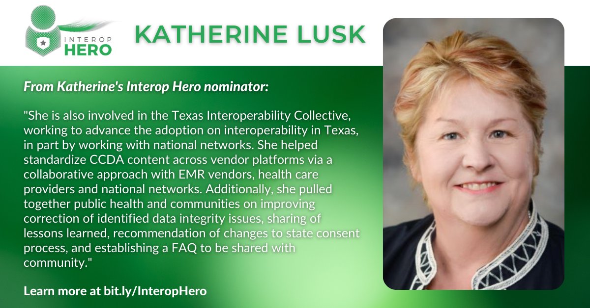 DirectTrustorg's tweet photo. We're excited to have Katherine Lusk as one of our 2022 #InteropHeroes! Take a look at what her nominator had to say. Learn more at https://t.co/IUpFnIFhD0.
#InteroperabilityImpact @THSA_HealthIT https://t.co/0jw78mk7LT