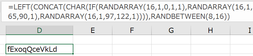 mikimomo_as's tweet image. Twitter検索で掘ってみてもダミーデータ作成用途ばかり出てきますね……。
=LEFT(CONCAT(CHAR(IF(RANDARRAY(16,1,0,1,1),RANDARRAY(16,1,65,90,1),RANDARRAY(16,1,97,122,1)))),RANDBETWEEN(8,16))
実務感が少しあるのは適当なパスワード文字列を作ってみるやつとか……。 #Excel #RANDARRAY