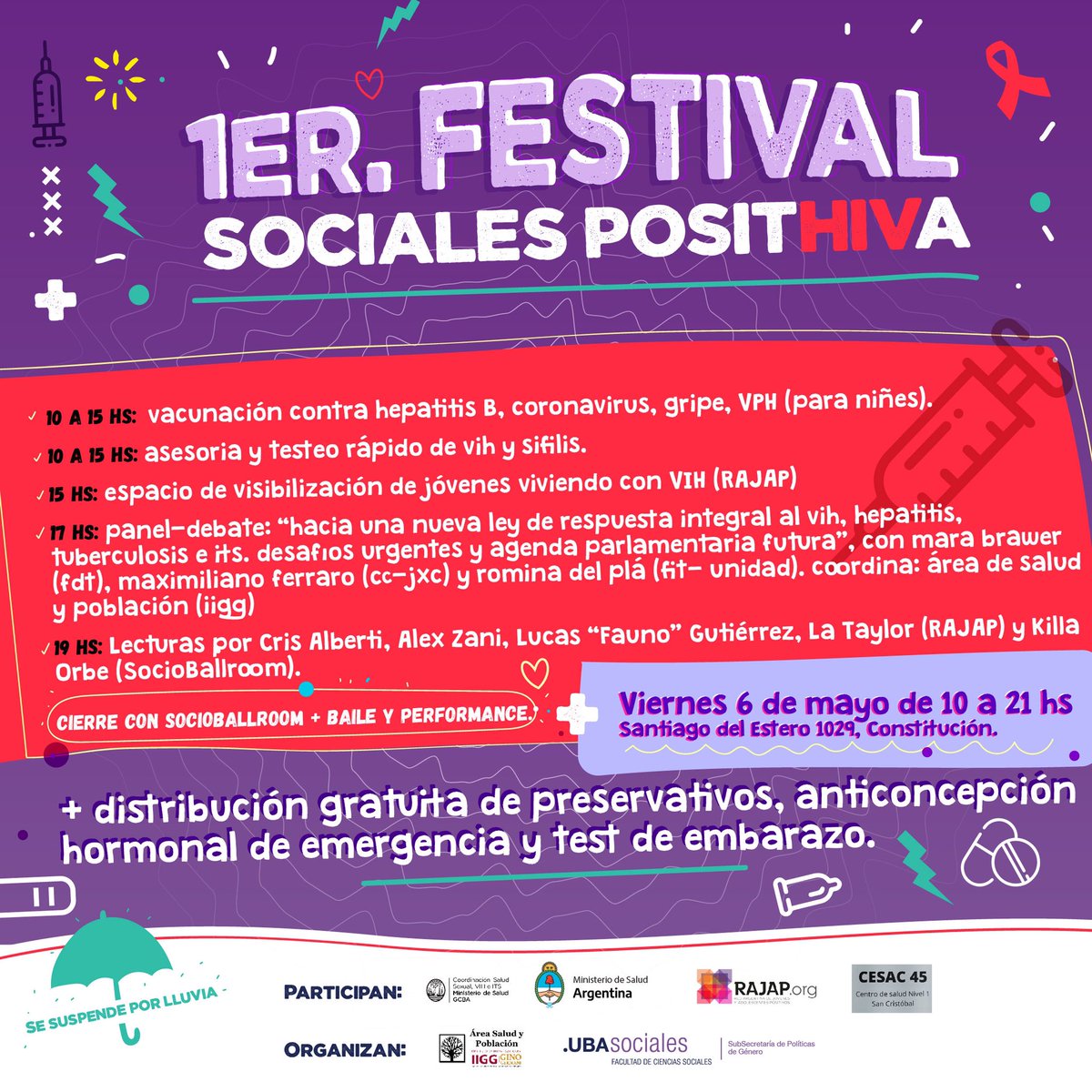 ubasociales's tweet photo. 💜🧑‍⚕️ FESTIVAL SOCIALES POSITHIVA 

Lxs invitamos a participar de una jornada de orientación y visibilización de VIH, salud sexual y derechos abierta a toda la comunidad. 

📆 Viernes 6/5 desde las 10 hasta las 21hs

📍 Patio de #FSOC 

📩 Consultas: consejeria@sociales.uba.ar https://t.co/yuPXOMHUo9