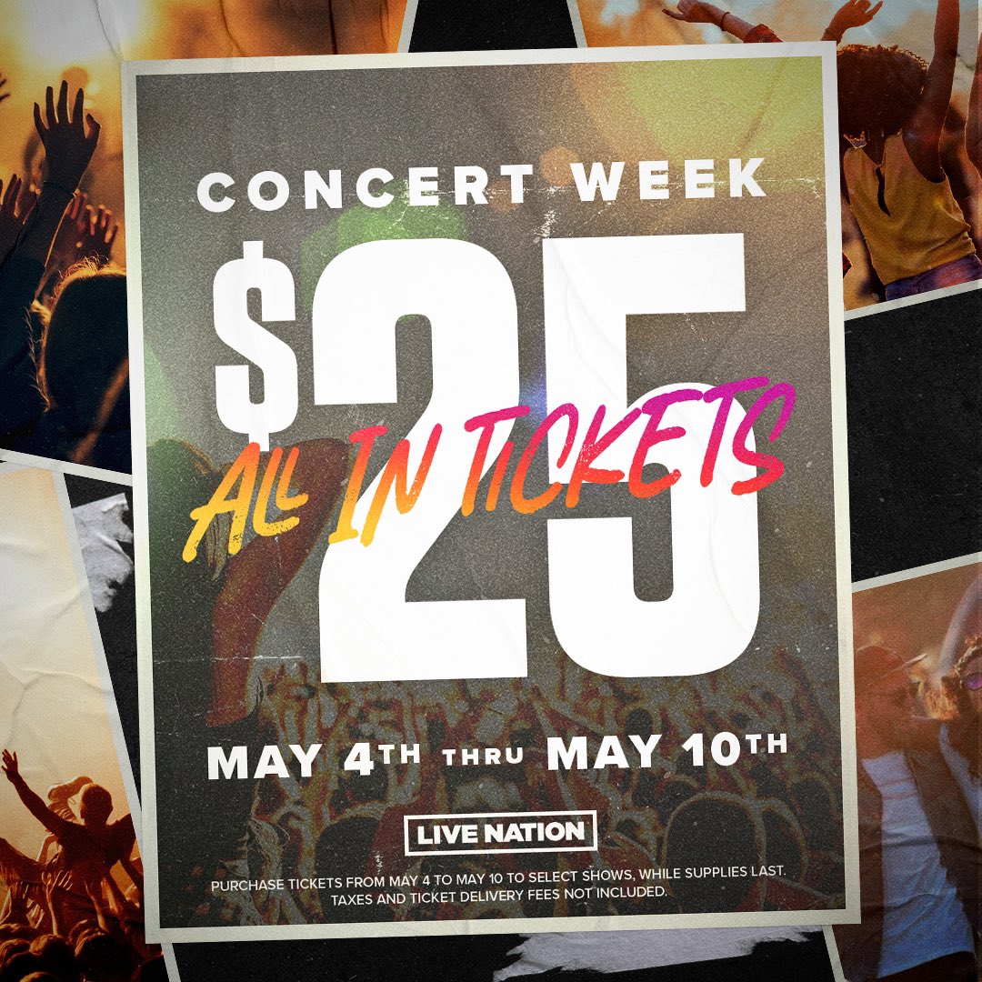 SAVE THE DATE: #CONCERTWEEK is almost here! To celebrate summer concert season, get $25 all-in tickets to Ray LaMontagne, 5 Seconds of Summer, Fleet Foxes, Gloria Trevi, and more for one week only. More info here: livenation.com/concertweek