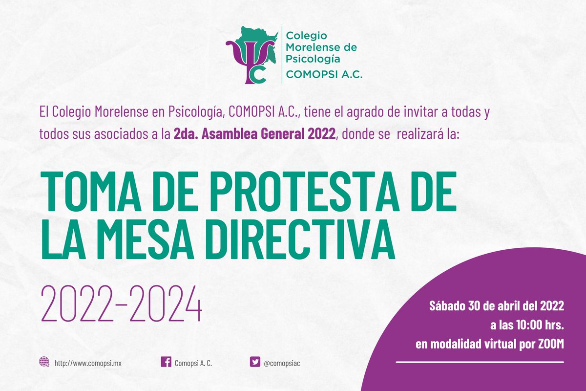comopsiac's tweet photo. 🔔 Invitamos a todos nuestros asociadas y asociados a la toma de protesta de la nueva Mesa Directiva 2022-2024.

📆 Sábado 30 de abril a las 10:00 por zoom 💻 https://t.co/sj8tPcYOyt