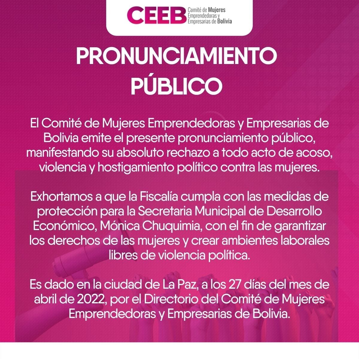 🟣 El CEEB da a conocer nuestro Pronunciamiento sobre el acoso político, vulneración de derechos y violencia que sufre nuestra compañera Monica Chuquimia. Como organización rechazamos cualquier tipo de violencia especialmente hacia las mujeres.🟣

Directorio CEEB.