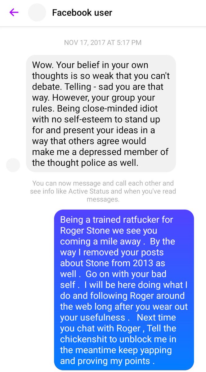 RogerWants's tweet photo. The following images are a 
 PM exchange between myself &amp; #JacobEngels November 17 2017 after Jacob was removed from JFK groups for promoting Roger Stone's books. 
This is evidence that Jacob worked for Roger in 2013 thru 2017 specifically pushing Roger's propaganda on Facebook https://t.co/2mpnzxb8wg