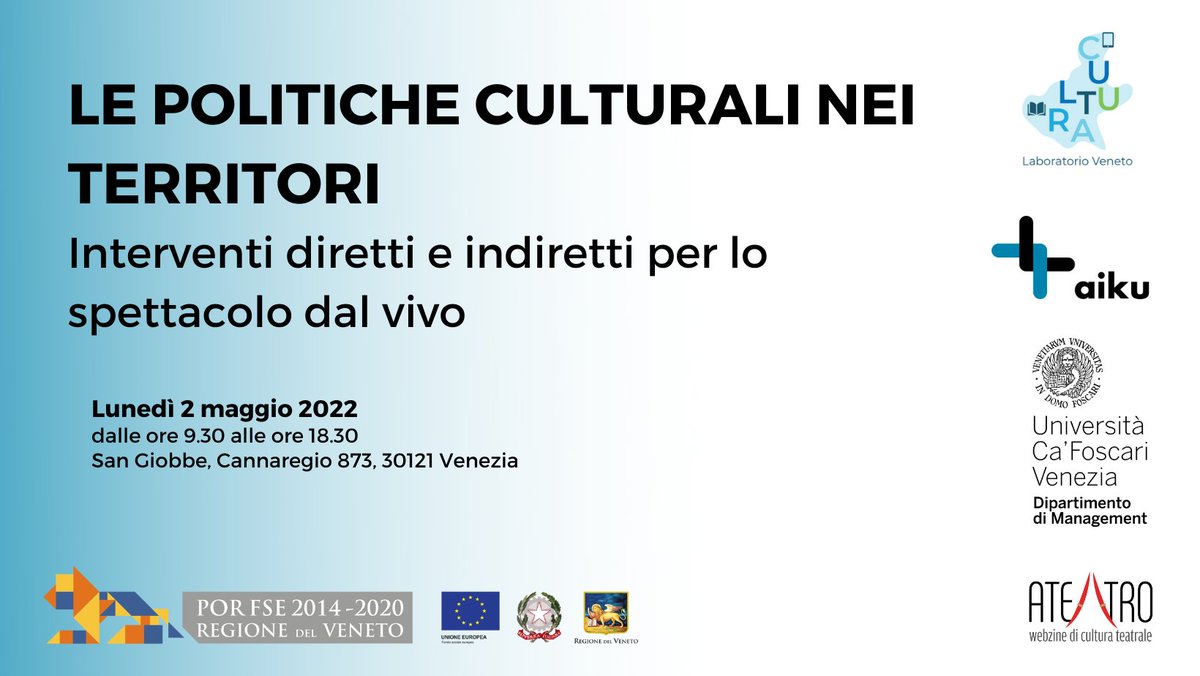 Che direzione sta prendendo il #managementculturale pubblico nella crescita delle #imprese culturali del #Veneto? 🎭

Istituzioni e artisti a confronto:
📆 2 maggio dalle 9:30
📍 Aula magna - San Giobbe
🔗bit.ly/programma0205
✍️Iscrizioni: bit.ly/convegno0205