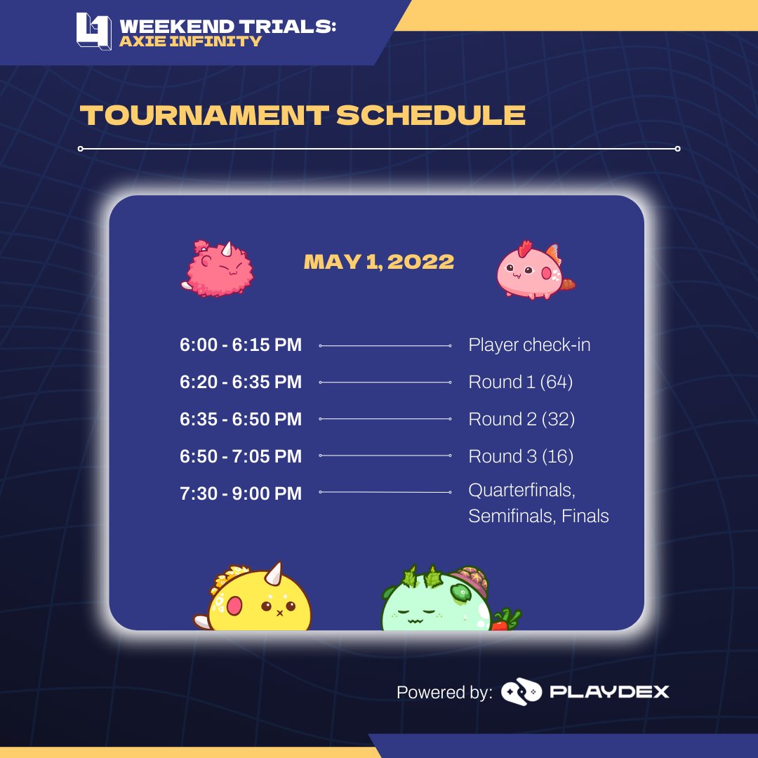 levelone_gg's tweet photo. Here’s a few things you should remember for THIS SUNDAY!

Don’t forget to join the Playdex server to stay updated about all things tourney-related!  Playdex Discord: https://t.co/Nd3FUj67zG

#LevelOneGaming
#PoweredByPlaydex
#AxieInfinityTournament https://t.co/VKT5l1ueOz