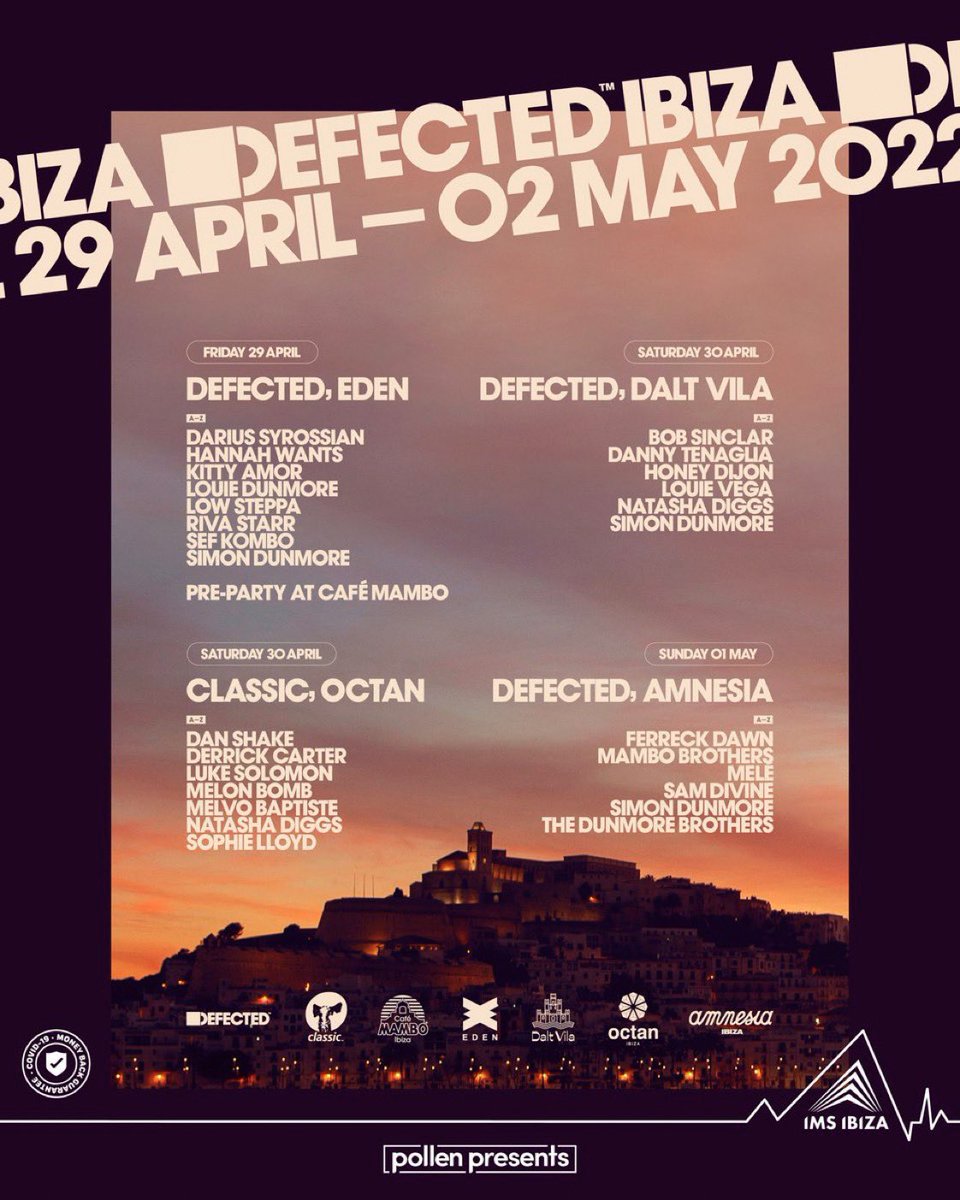 SimonDunmore's tweet photo. It all kicks off tomorrow !

🌅 @Mamboibiza 
💥 @eden_ibiza 
🏰 Dalt Vila
😜 @octanibiza 
🔊 @Amnesia_Ibiza 

https://t.co/p1IBjFpdDv https://t.co/2m8rc4od35
