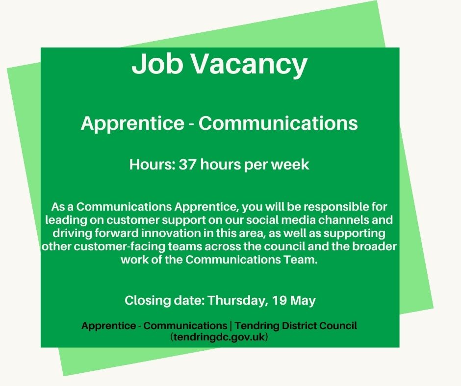 Tendring_DC's tweet photo. Job Vacancy - Communications Apprentice.

We have an exciting opportunity to join our Communications Team as a Level 2 Customer Service Apprentice. 

Are you interested in earning whilst you earn a qualification? Then this job might be for you! 

https://t.co/K68dY7PQI4 https://t.co/p5zaKgRyWQ