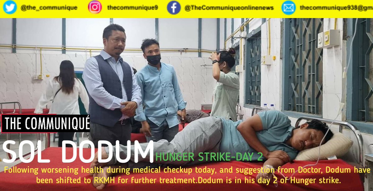 Sol Dodum, who was in his second day of Hunger strike was today shifted to RKM Hospital, following health issues. 
As per source, Dodum health condition is critical.
Earlier on the day, doctor went to check the health condition.
<a href="/PemaKhanduBJP/">Pema Khandu པདྨ་མཁའ་འགྲོ་།</a>
<a href="/felix_bamang/">BamangFelix@Official</a> <a href="/ChownaMeinBJP/">Chowna Mein</a>