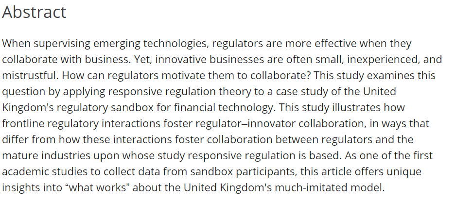 How can regulators motivate tech businesses to collaborate on policies for emerging innovations? My latest article, in Law &amp; Policy, is now up and available open access. #fintech #innovation #regulation 
bit.ly/3rYaEuR