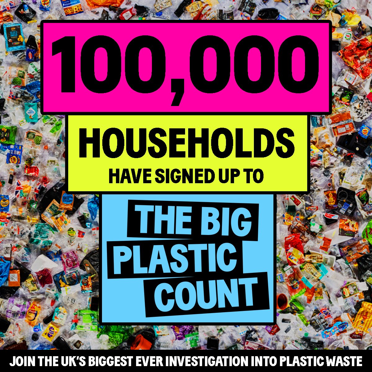 100,000 people have now signed up to take part in The Big Plastic Count!!

If you haven't already signed up, what are you waiting for? It only takes a few clicks 👉 act.gp/3viEMDt