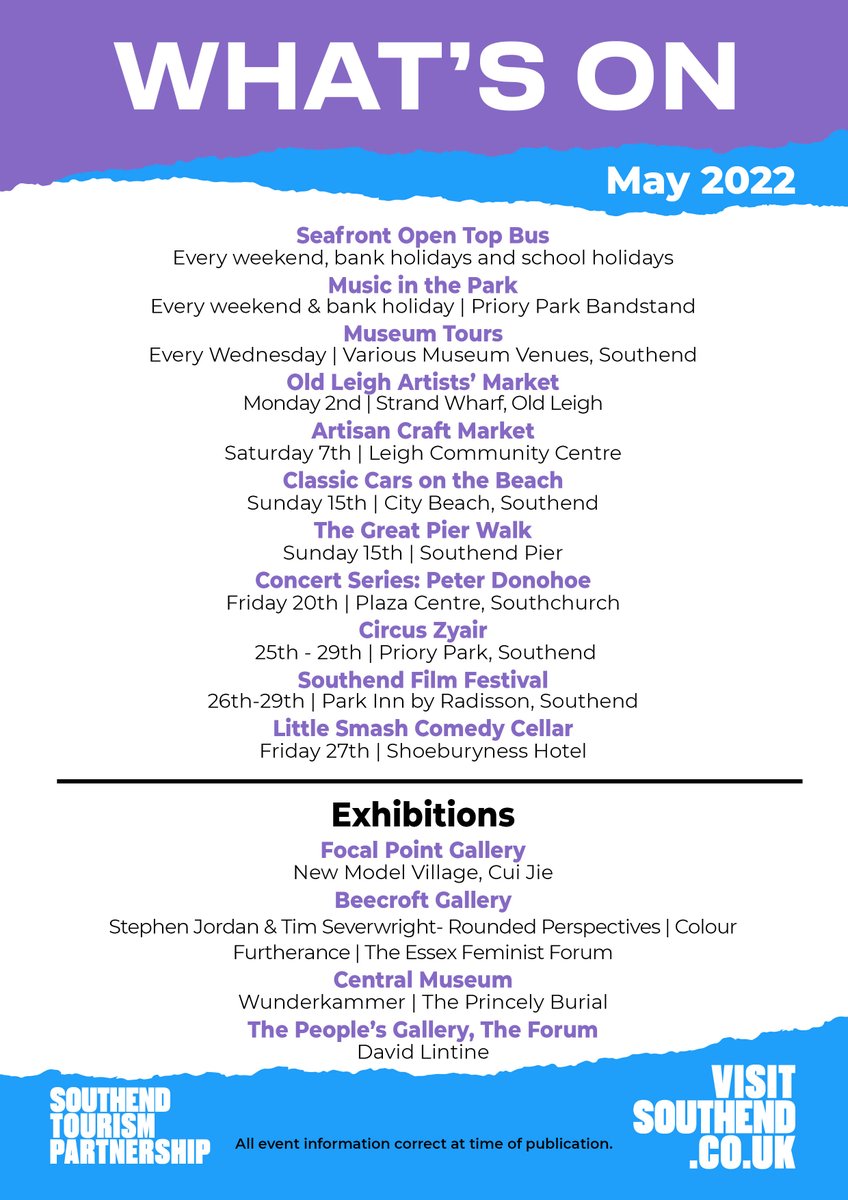 VisitSouthend's tweet photo. WHAT'S ON MAY📣📣

Spring is well underway, the days are getting warmer and Southend has some great events to look forward to this May!

From @EnsignBusCo's Open Top Bus to @SouthendMuseums FREE tours - there's something for everyone! 

Find out more 👉https://t.co/0yLOgokyhm https://t.co/PeTFxlpOLE