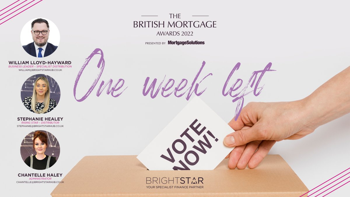 There's only ONE WEEK LEFT to nominate in the #BMA22!! 🚨

The British Mortgage Awards recognise the stand out achievements of the most deserving individuals in the UK mortgage industry. 

Please support our amazing nominees here - tinyurl.com/3vt9xn5v