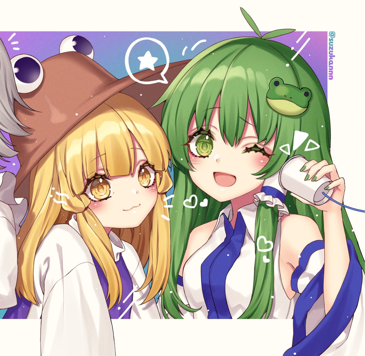 kochiya sanae ,moriya suwako multiple girls blonde hair yellow eyes frog hair ornament one eye closed hair ornament snake hair ornament  illustration images