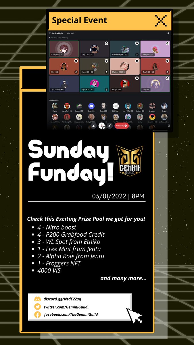 GeminiGuild_'s tweet photo. Who's up for a Sunday Funday? 🤙🏼🤩

This weekend we'll be celebrating our 1st month of Publicity 🎉

Catch more of our exciting prize pool by hoping in to our server! SEE Y'ALL THERE 👀

https://t.co/YXiGNJmzlg

#GeminiGuild 💛 https://t.co/ZfCEGyIF2G
