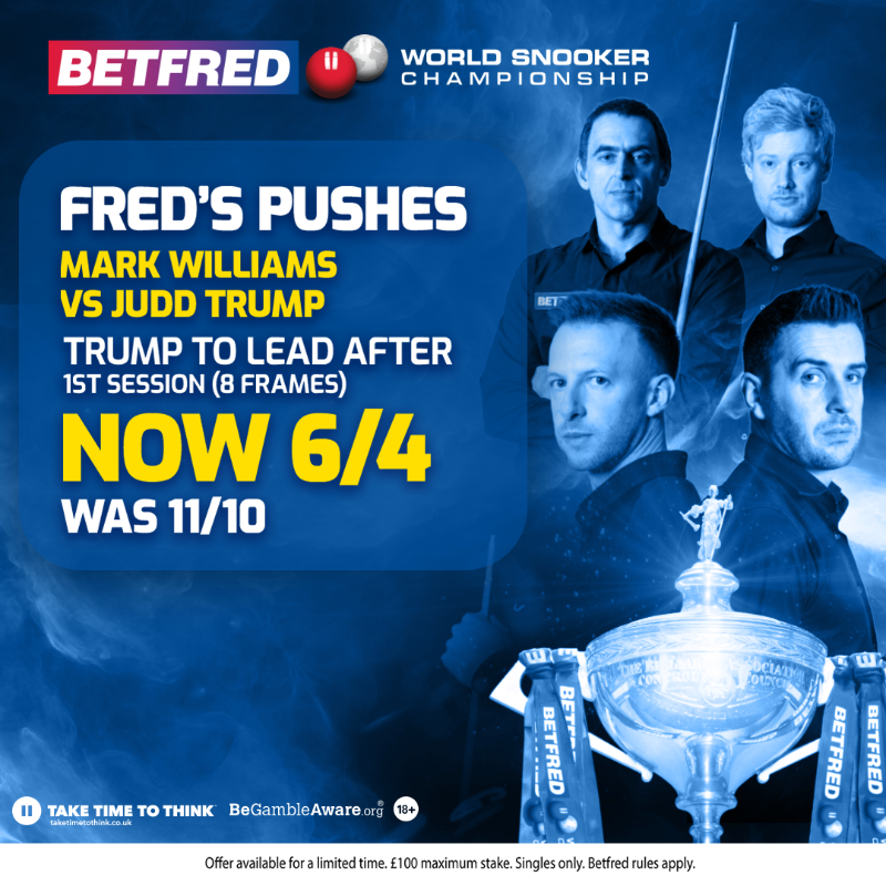 Betfred's tweet photo. 🔴 | We're down to 1️⃣ table and the last 4️⃣ players at the Crucible!
#PriceBoosts 👇
#ilovesnooker | @WeAreWST
18+ only. Gamble responsibly
