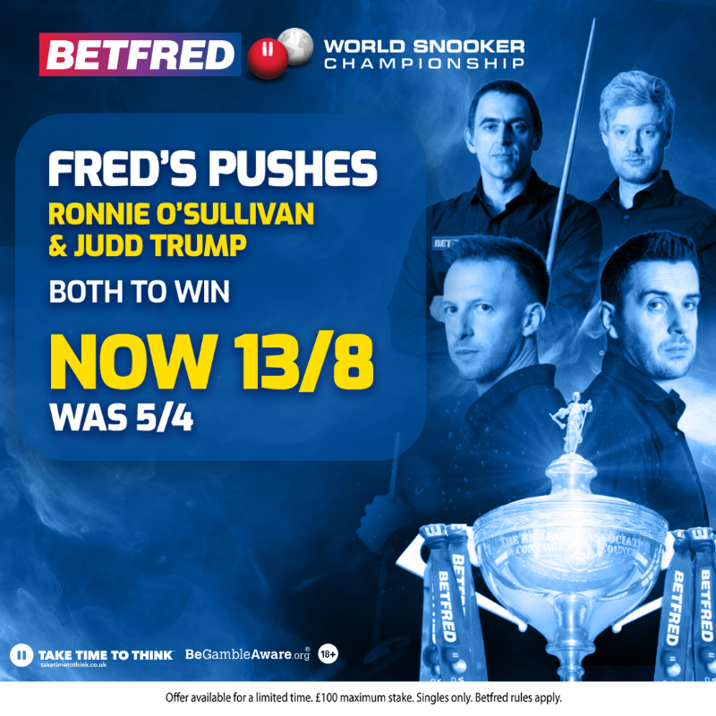 Betfred's tweet photo. 🔴 | We're down to 1️⃣ table and the last 4️⃣ players at the Crucible!
#PriceBoosts 👇
#ilovesnooker | @WeAreWST
18+ only. Gamble responsibly