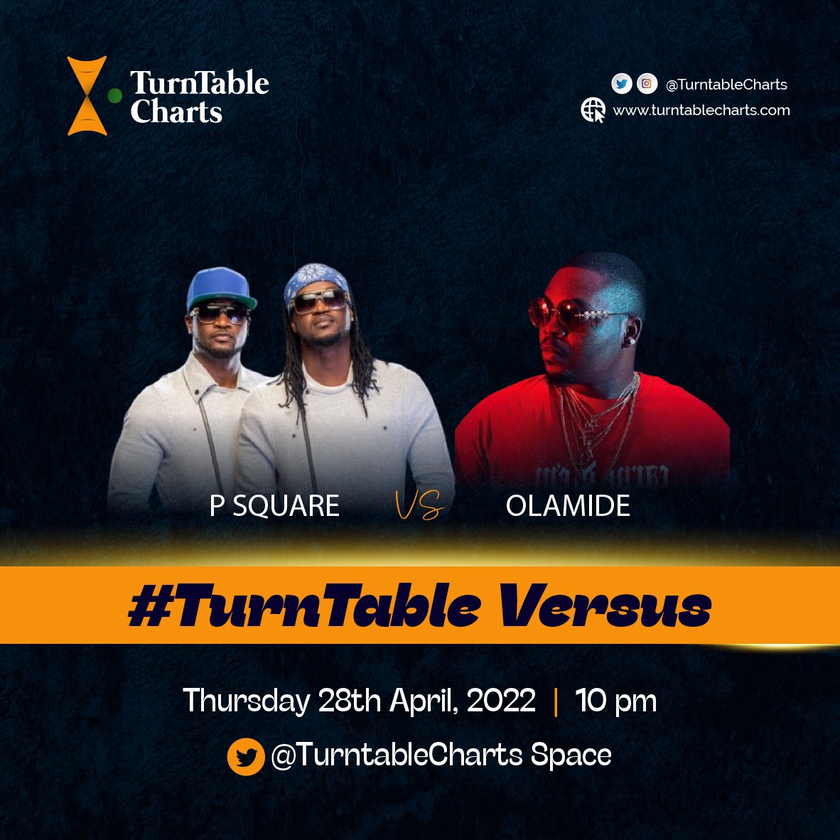 TurntableCharts's tweet photo. We’re back with a new session in the  #TurnTableVersus and it’s P-Square vs Olamide at 10PM WAT tonight 

In this special 20 vs 20— we will celebrate the catalogue of two of the biggest acts of the 21st Century in Nigerian music✨ https://t.co/tlsdVSymjr