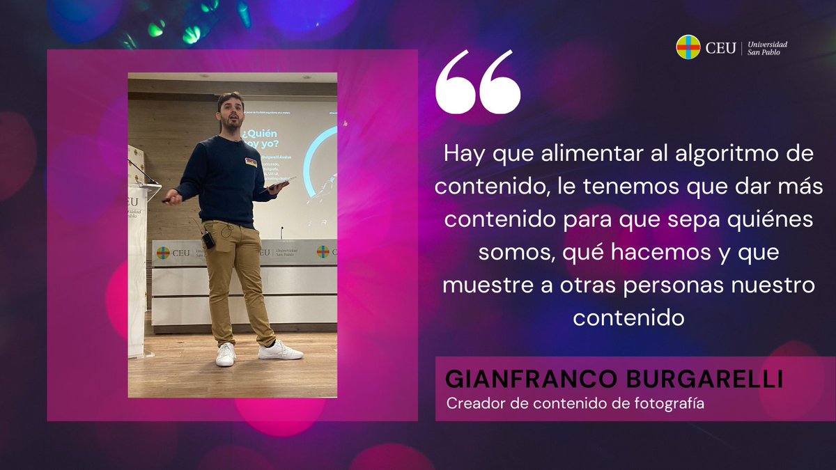 USPCEUHumYCom's tweet photo. ¿Sabes cómo conseguir que TikTok te enseñe a otros usuarios y hacerte viral? @gianfribul nos cuenta los secretos de esta plataforma. #ComWeek22 https://t.co/Ptm3LGPrST