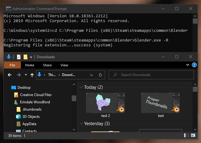 Annual reminder that you can get actual file preview thumbnails by registering the Blender extension in Windows. Navigate to your Blender install directory with a command prompt and use command "blender.exe -R" to register #b3d