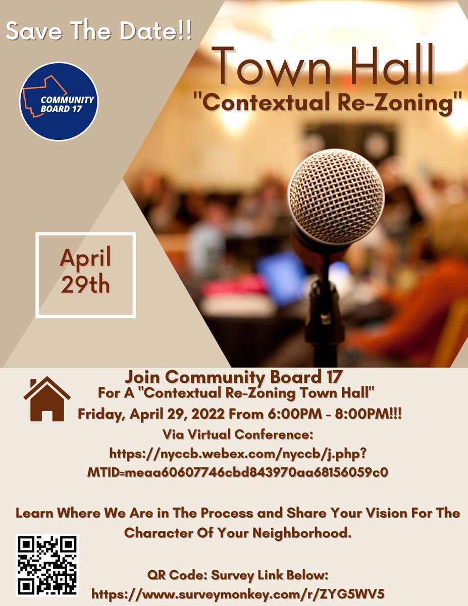 Fri 4/29/22, 6 -8 PM, please join CB17 for our #TownHall on Contextual Re-Zoning via Webex Conference.

- Learn About Where We Are In The Process.
 - Share Your Vision For The Character Of Your Neighborhood. 
-  What Can be Done To Maintain The Unique Character Of Your Community