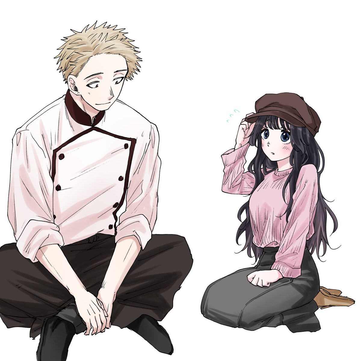 1girl 1boy hat black hair long hair sitting blonde hair  illustration images