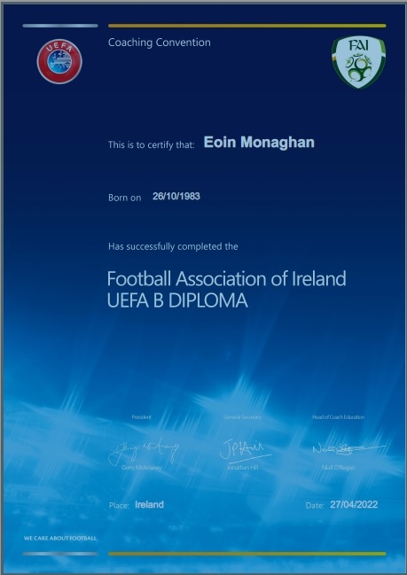 EoinJack1's tweet photo. Delighted to receive my UEFA B Licence from 
@FAICoachEd. 
A special mention to my micro group - Cian, @MaChew89 @marknt84 @DerekAshmore1 &amp; Kieff for the peer leaning &amp; making it an enjoyable experience.
Thanks to @jayglynn2167 for the mentorship and for making me a better coach. https://t.co/oZWDI2jetg