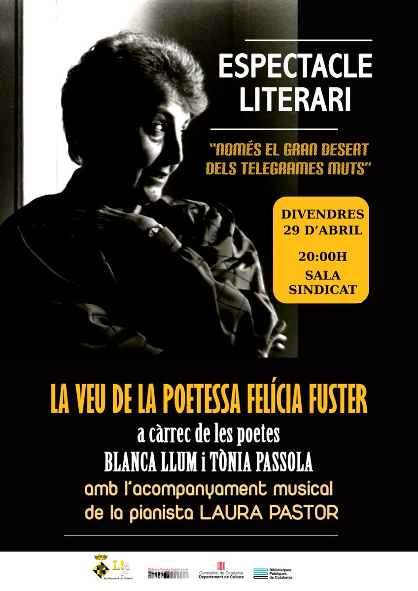 Aquest divendres, i per acabar aquest Abril Cultural, un recital poètic commemoratiu de l'<a href="/AnyFFuster/">Any Felícia Fuster</a>, amb <a href="/BlancaLlumVidal/">Blanca Llum Vidal</a>, #toniapassola i #LauraPastor. Us hi esperem! <a href="/AjLinyola/">Ajuntament Linyola</a> <a href="/bibliotequeslle/">Biblioteques Lleida</a> <a href="/bibliotequescat/">Biblioteques</a>