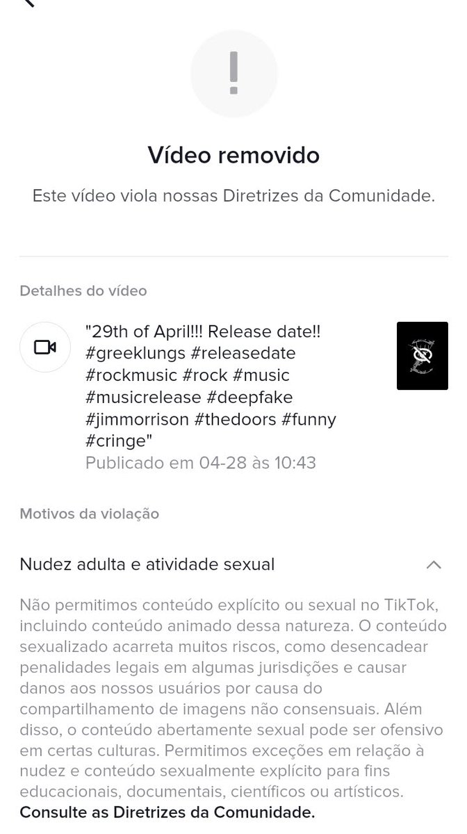 GreekWas's tweet photo. TikTok is amazing applying their directives... I posted this video of a deepfake of Jim Morrison, on every social platform... only Tik Tok considered nudity and sexual explicit content (it´s in portuguese) #TikTok #censorship #nudityisart https://t.co/h69c1ABFuU