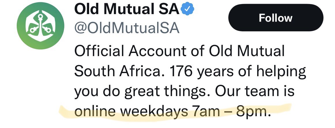 kaycottrell's tweet photo. @OldMutualSA Hi I guess Twitter doesn’t work either! It’s now 12.30
And I have only heard from a bot. Hello Old Mutual 👋 anyone there …… https://t.co/xZaz9lxvqw