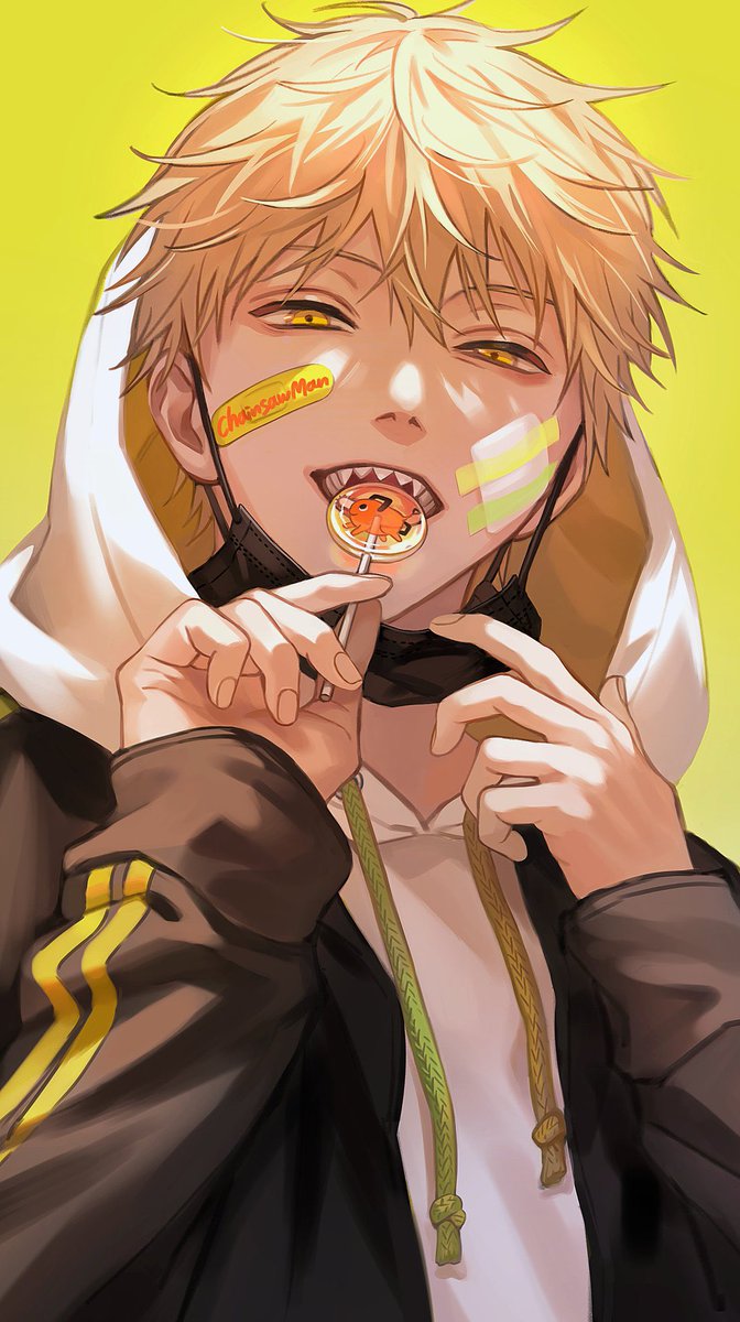 1boy hood male focus blonde hair candy yellow background food  illustration images