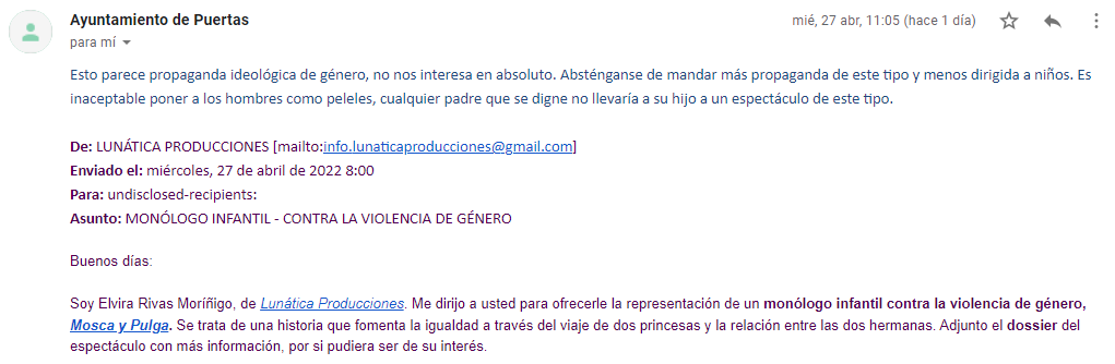 ElviraRivas_'s tweet photo. Pues acabo de recibir dos mensajes desde las cuentas institucionales de dos ayuntamientos, mensajes sin firmar (es decir, podría parecer que los firma el alcalde o quien lleve el tema de cultura, alguien elegido en el municipio, en definitiva), en los que me dicen esto: https://t.co/1FU2zSMTrP