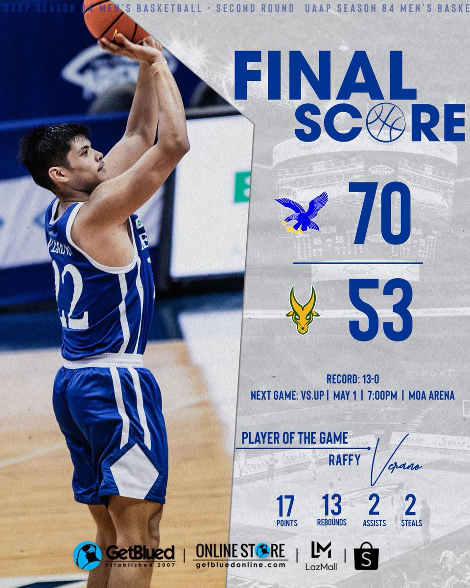 GetBlued's tweet photo. Team Ateneo plays excellent defense to overpower FEU, 70-53.

Raffy Verano is player of the game with 17 points 13 rebounds 2 assists and 2 steals.

Next game is on Sunday vs UP.

#OBF
#BEBOB https://t.co/CbrLbjxONb